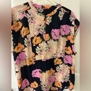 Floral Button-Front Blouse in Black, Pink & Orange